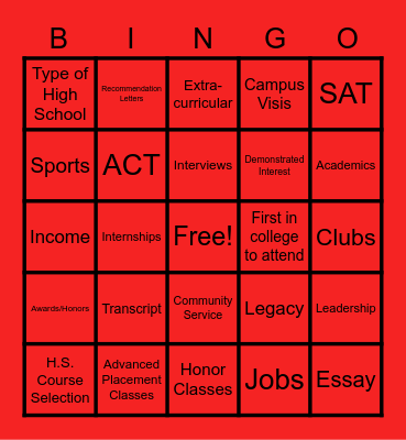 College Bound Bingo Card