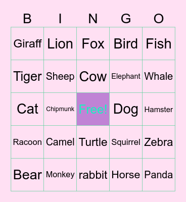 Animal Bingo Card