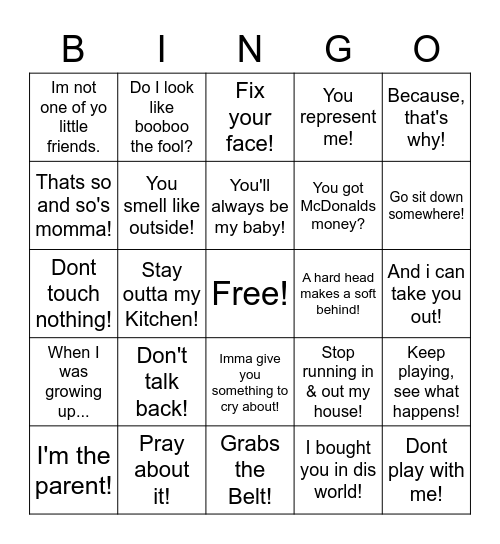 Momma Bingo Card