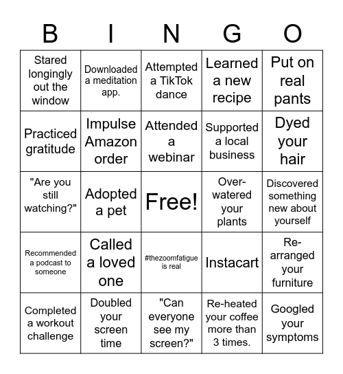 Quarantine Bingo Card