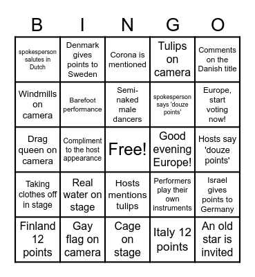 Eurovision Song Contest 2021 Bingo Card