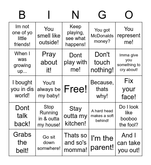 Momma Bingo Card