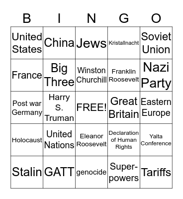 Post World War II Bingo Card