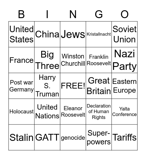 Post World War II Bingo Card