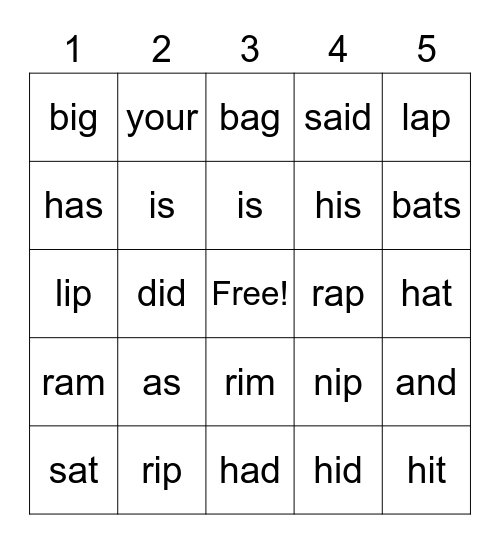 Short a/i Bingo Card