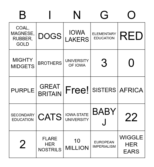 MS. JENSEN BINGO Card