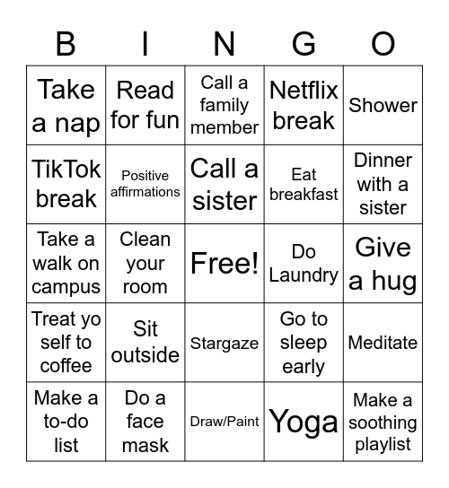 Self Care Bingo! Bingo Card