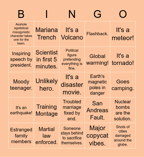Disaster Movie Bingo Card