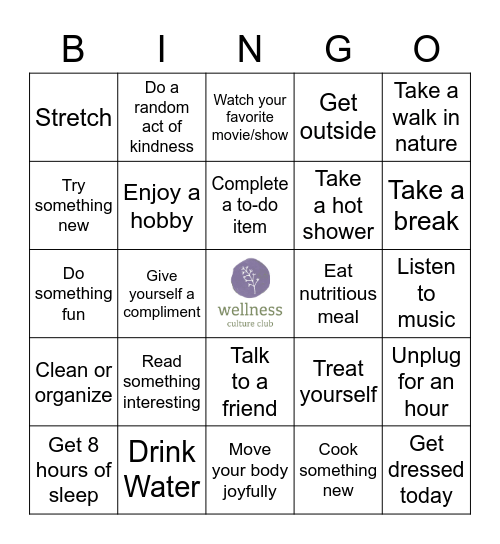 Self-Care Bingo Card