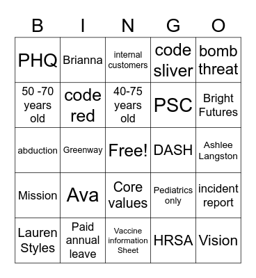 Nurse's Week Bingo Card
