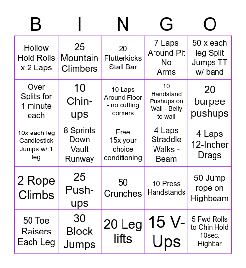 Xcel Conditioning Bingo Card