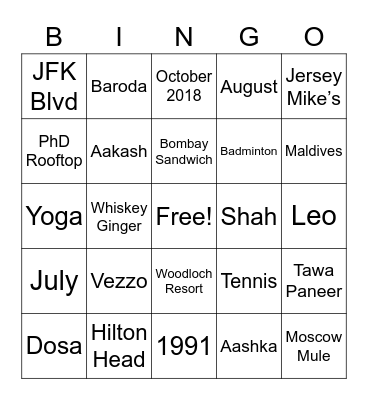 Aakash & Aashka Bingo Card