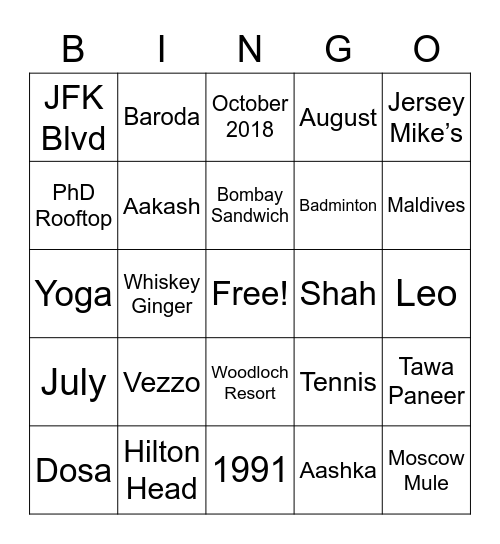 Aakash & Aashka Bingo Card