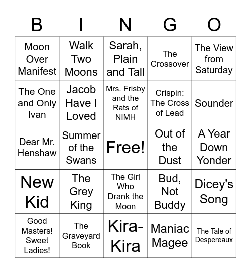 Newbery Award Winners (1967-2020) Bingo Card