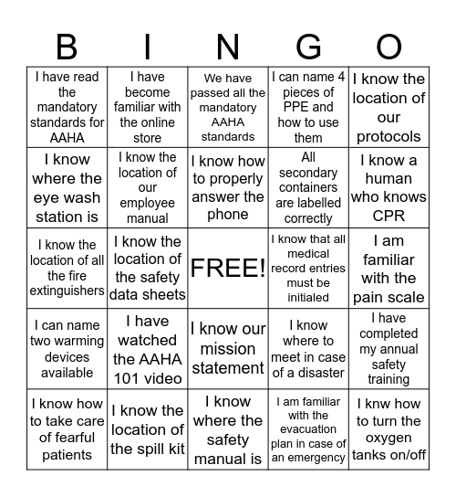 AAHA Evaluation Preperation Bingo Card