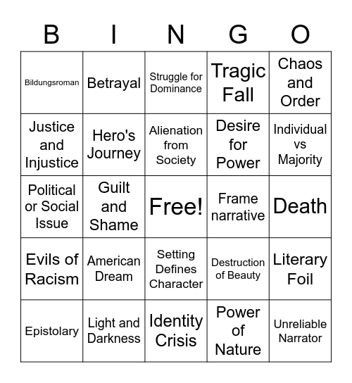 AP Lit Book Universal Theme Review Bingo Card