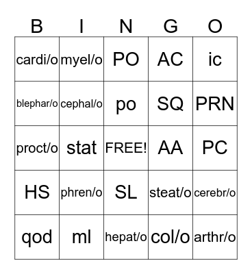 Medical Terminology Bingo Card