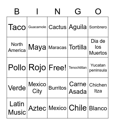 Mexico Sight word Bingo Card