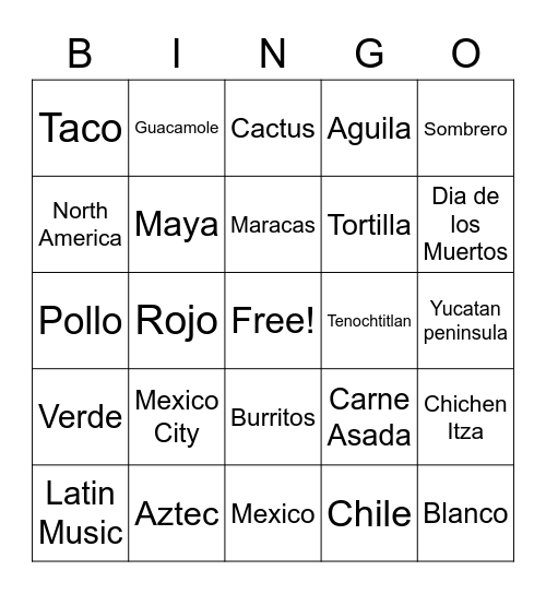 Mexico Sight word Bingo Card