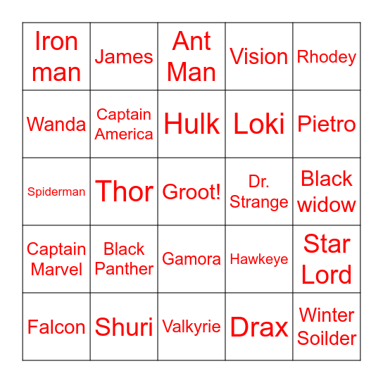 Marvel Bingo Card