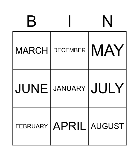 months Bingo Card