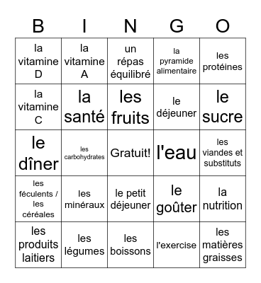 La nutrition et la santé Bingo Card