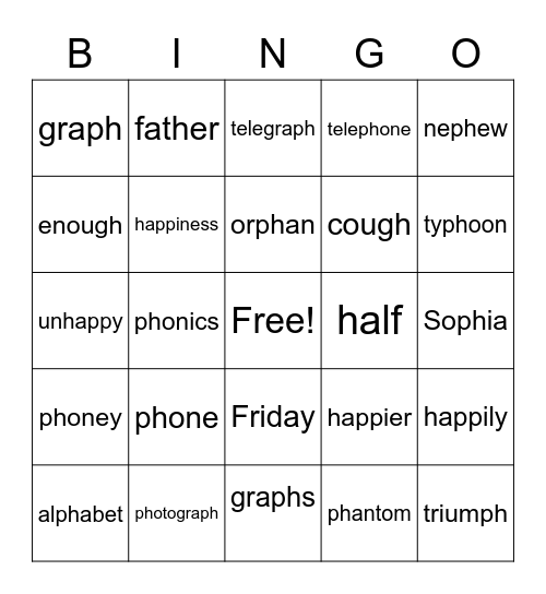 "F" sound Bingo Card