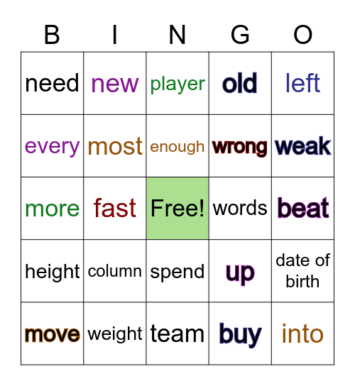 Hockey Vocabulary Bingo Card