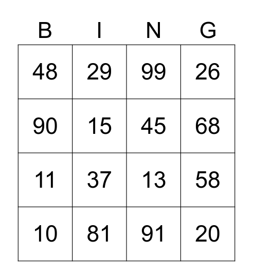 numbers & numbers Bingo Card
