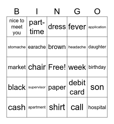 Vocabulary #1 Bingo Card