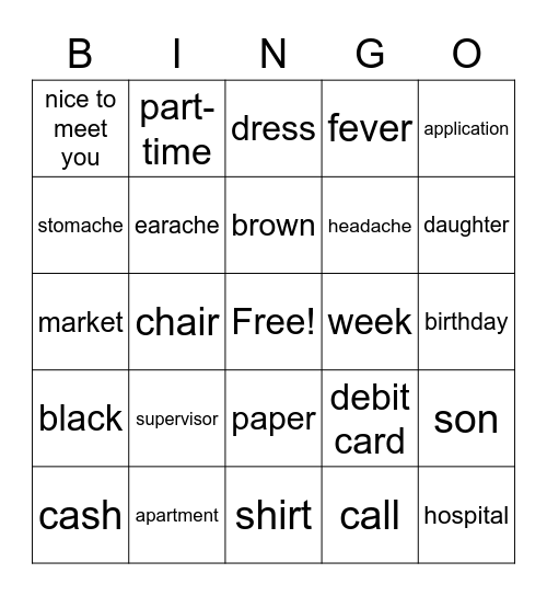 Vocabulary #1 Bingo Card