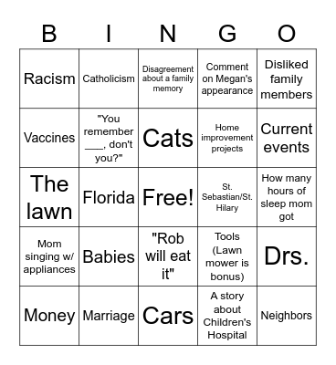 Klamert Family Dinner BINGO Card