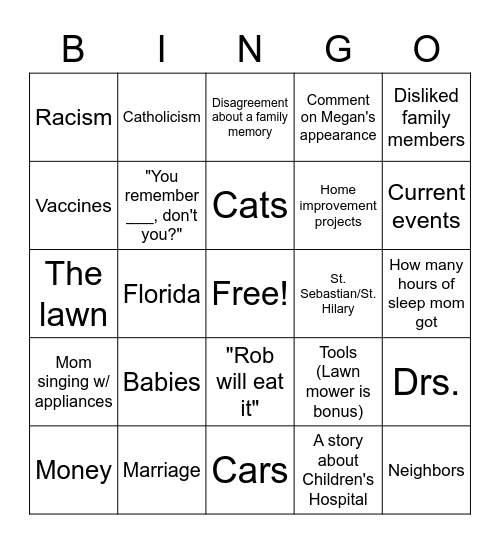 Klamert Family Dinner BINGO Card