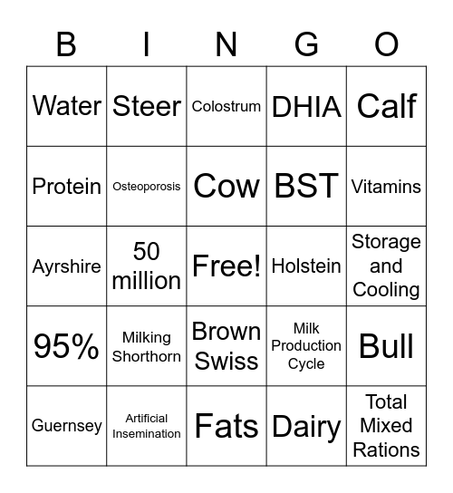 Dairy BINGO Card