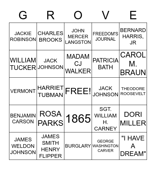 Brown Grove Black History Family Night Bingo Card