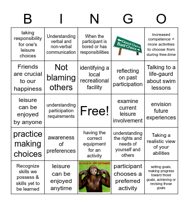 Leisure Education Bingo Card