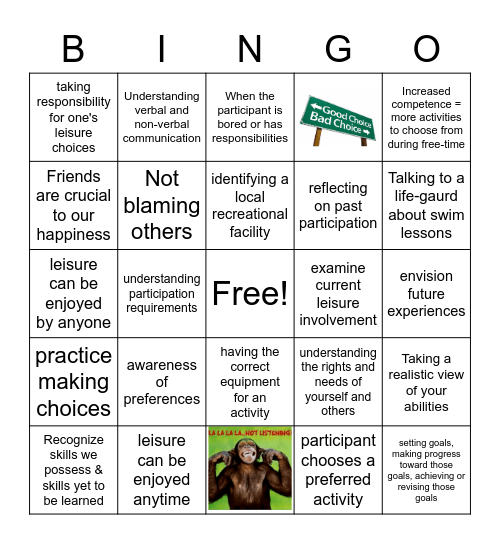 Leisure Education Bingo Card