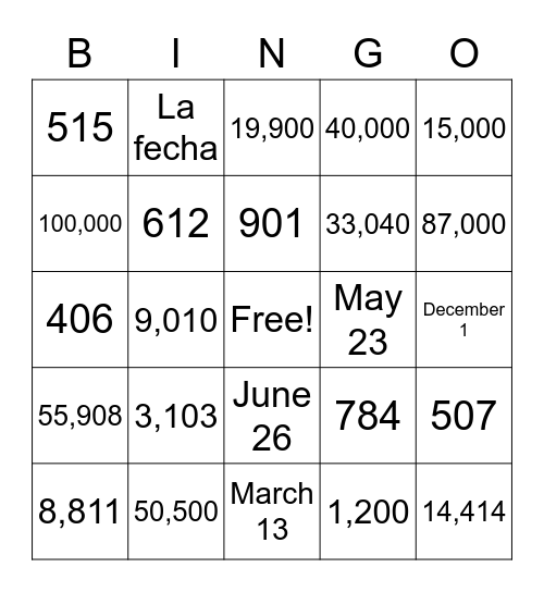 Bingo de Fechas y Números Bingo Card