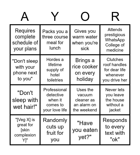 Asian Moms Bingo Card