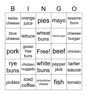fast food bingo Card