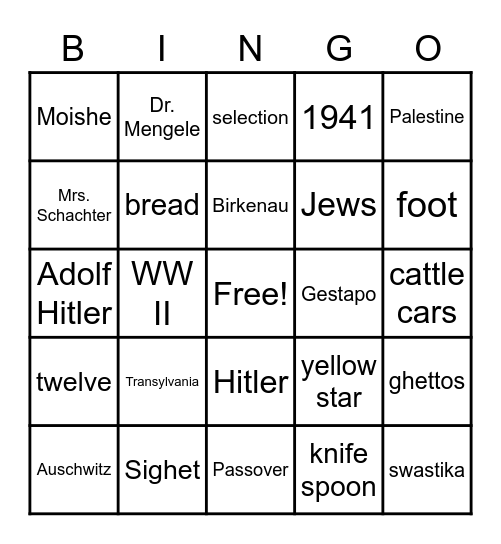 Night by Elie Wiesel Bingo Card