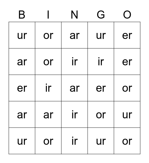 Bossy R Words Bingo Card