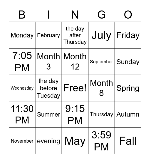 Time, Days of the Week, and Months REVIEW Bingo Card