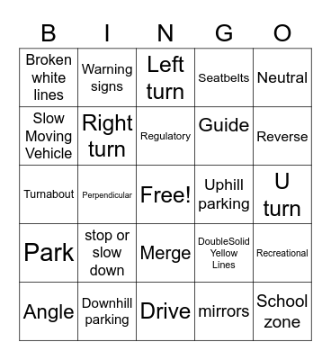 Driver' Ed Bingo Card