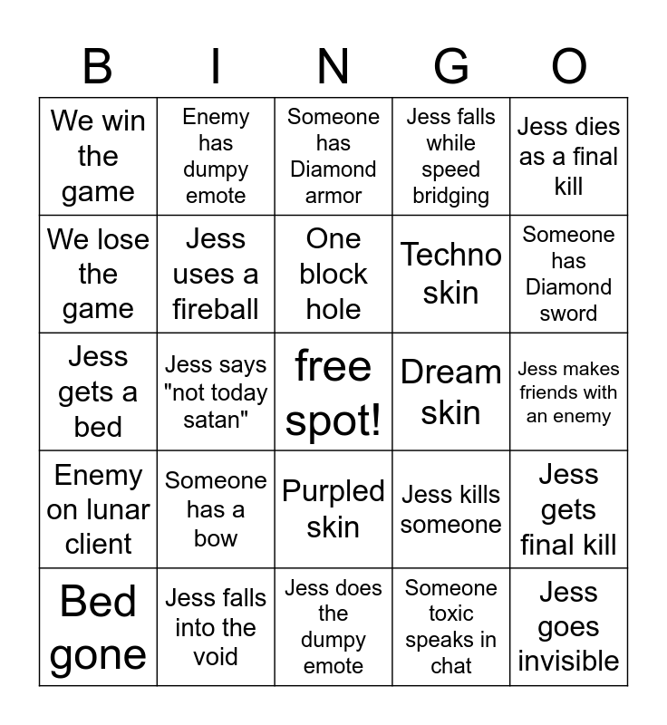 Roblox BedWars Bingo Card