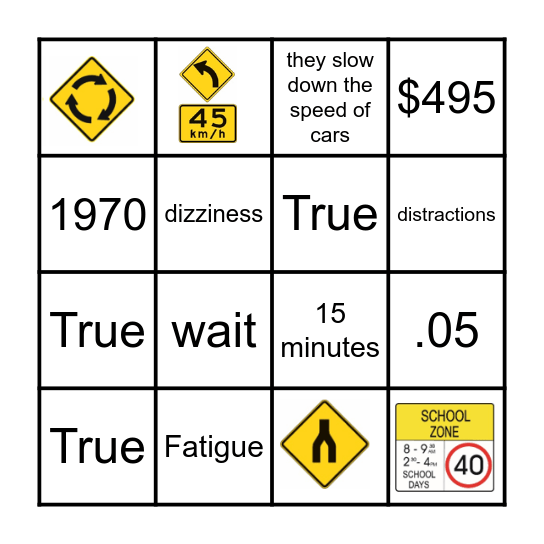 Road Safety BINGO Card