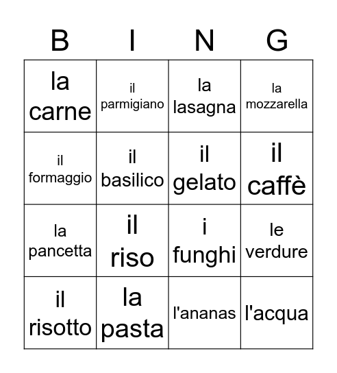 Year 8 Term 2 Il cibo Bingo Card