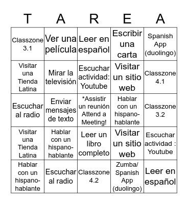 Español 1 Bingo Card