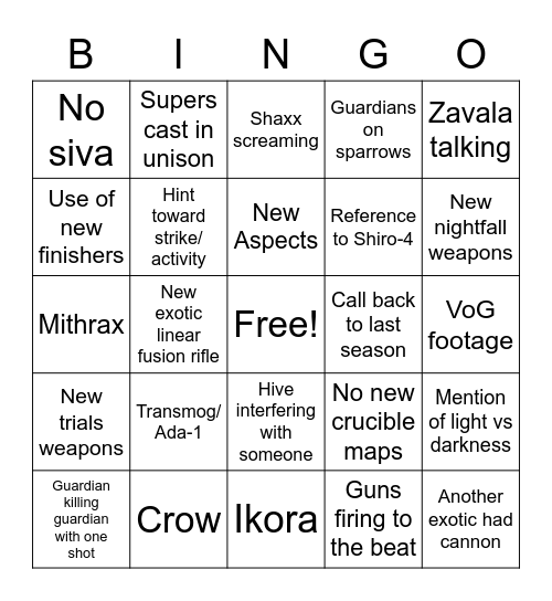 Destiny 2 Season 14 Trailer Bingo Card