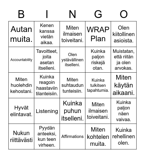 Resilience Bingo Card